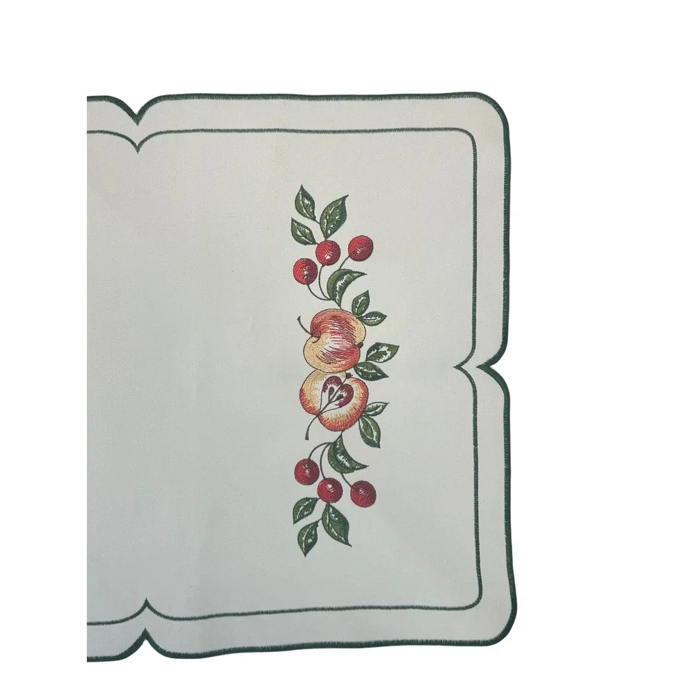 Table Runner Cream Embroidered Fruit Apple Cherry‎ Scalloped Country Farmhouse